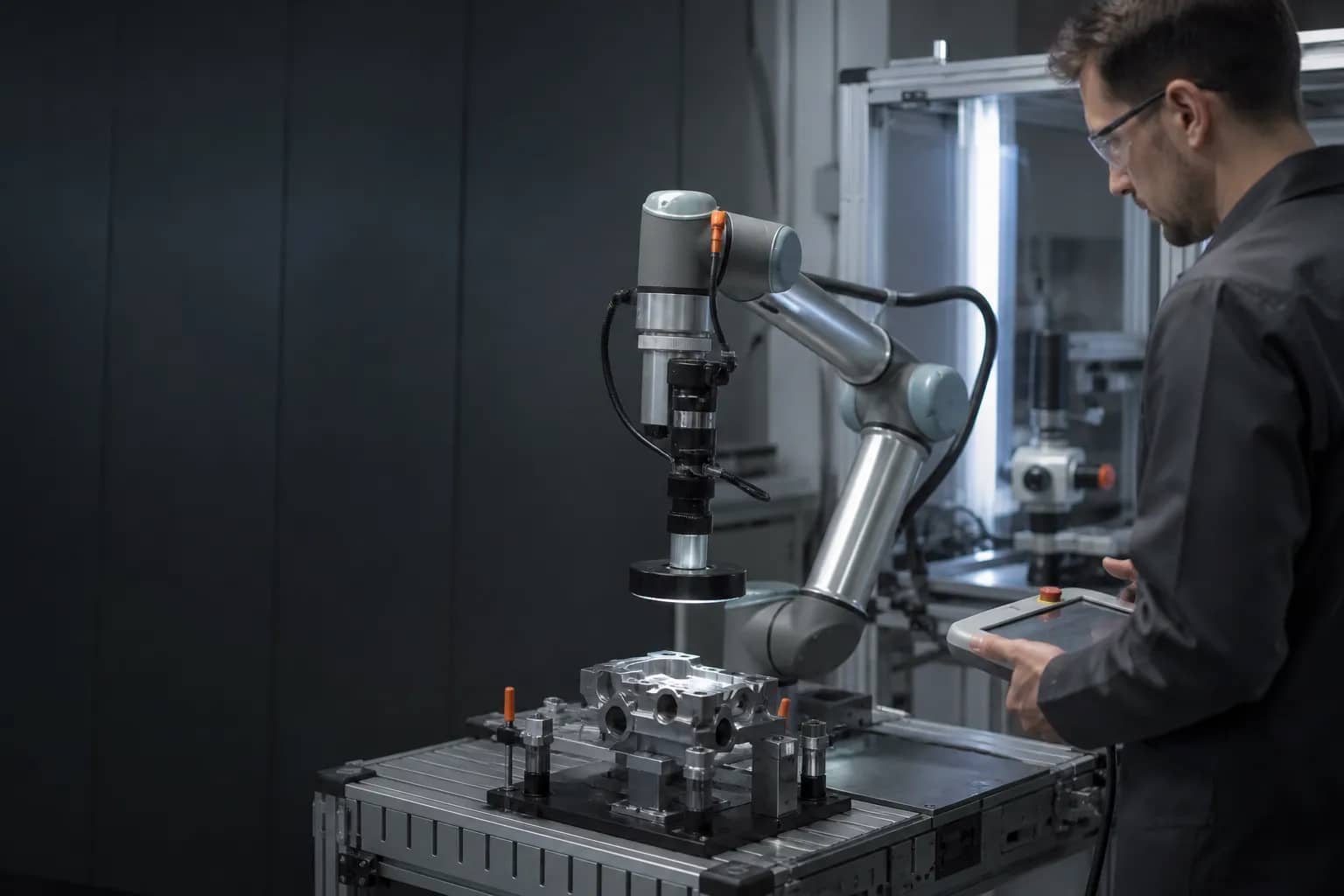 Compact collaborative robot performing a precision handling task