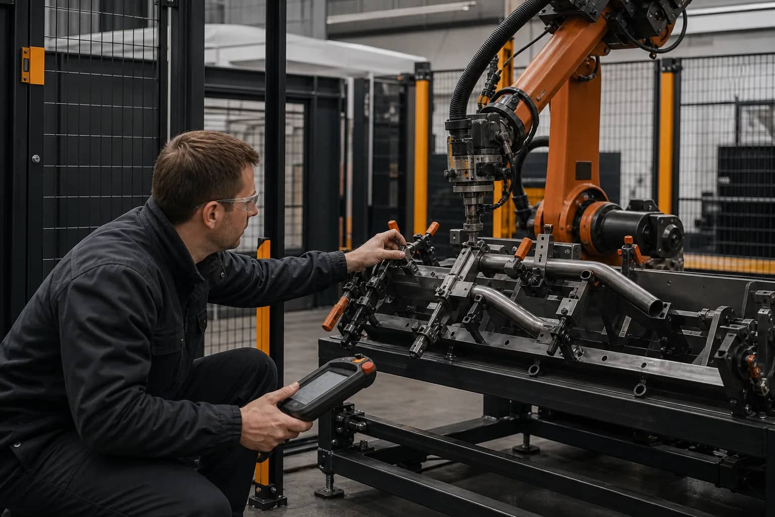 Complete robot cell undergoing commissioning